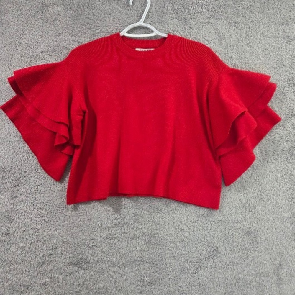 FAVLUX Red Tiered Ruffle Bell Sleeve Knit Crop Sweater Women's Small Oversized